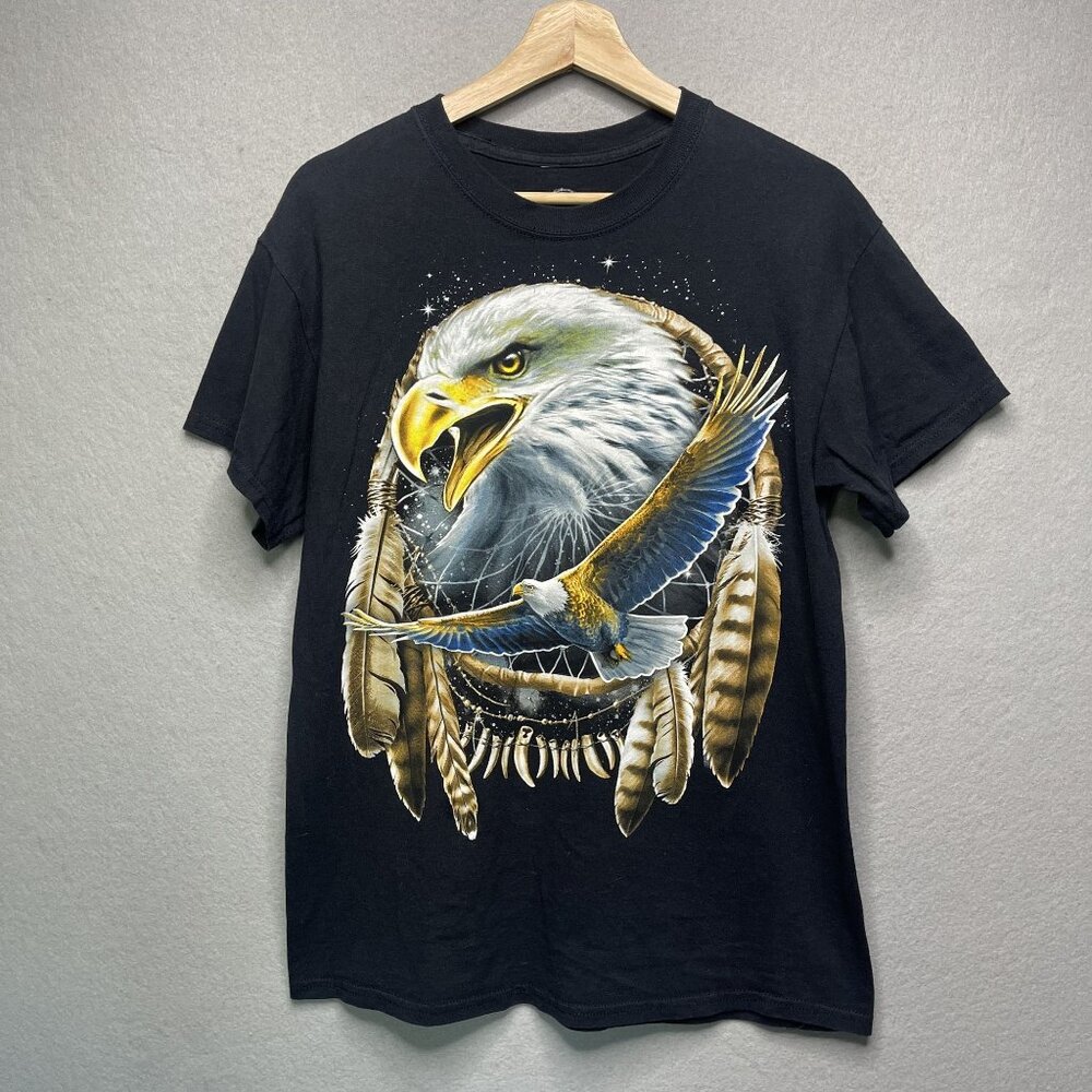 DOM T-Shirt Mens M Black Bald Eagle Art Tribal Dream Catcher Graphic Tee - Picture 1 of 5